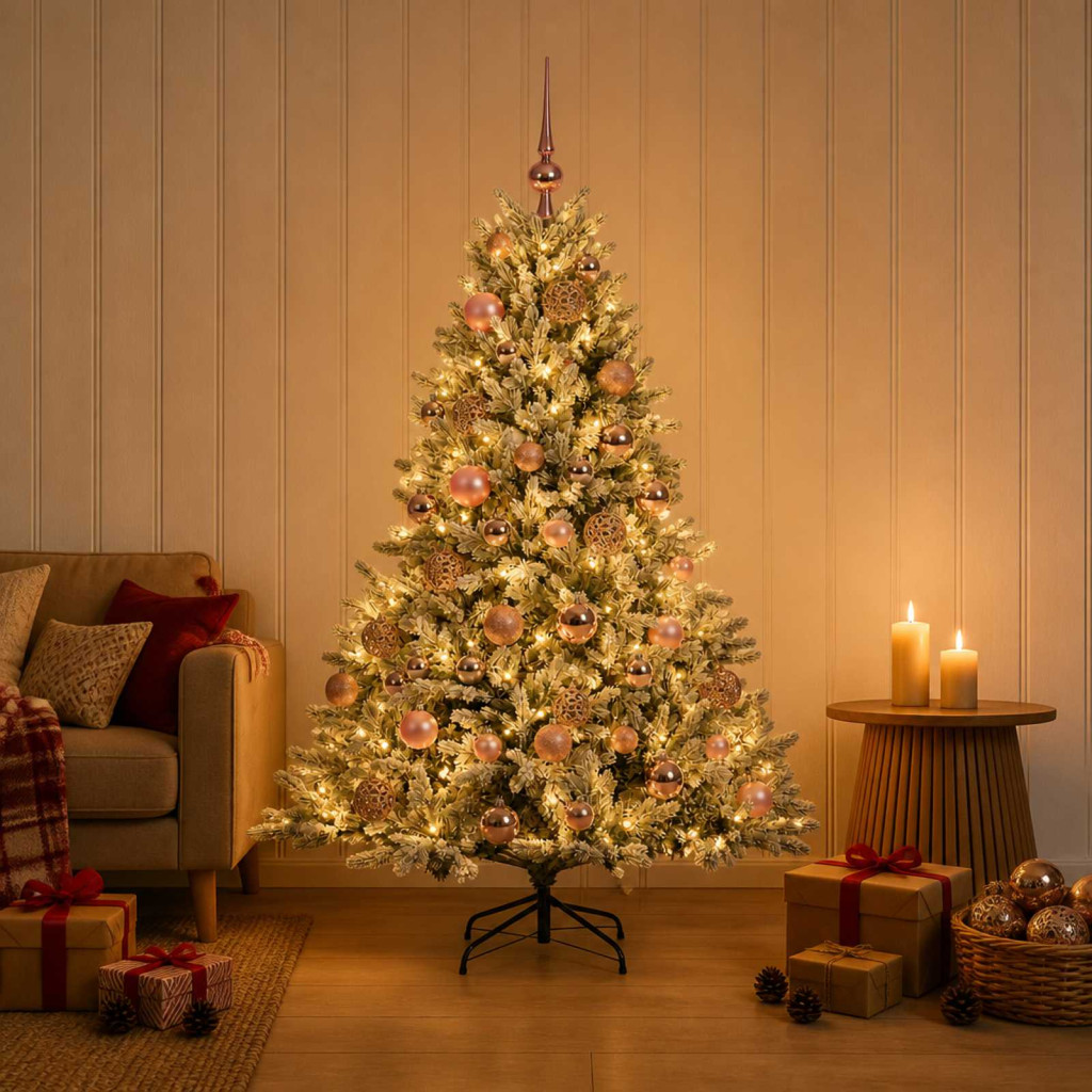 Műkarácsonyfa gömbbel 150 cm 150 LED Meleg fehér PVC és fém
