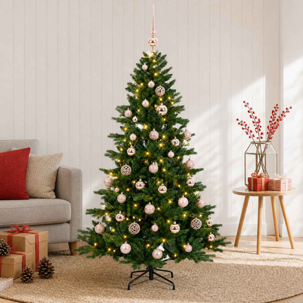 Műkarácsonyfa gömbbel 120 cm 150 LED Meleg fehér PVC és fém