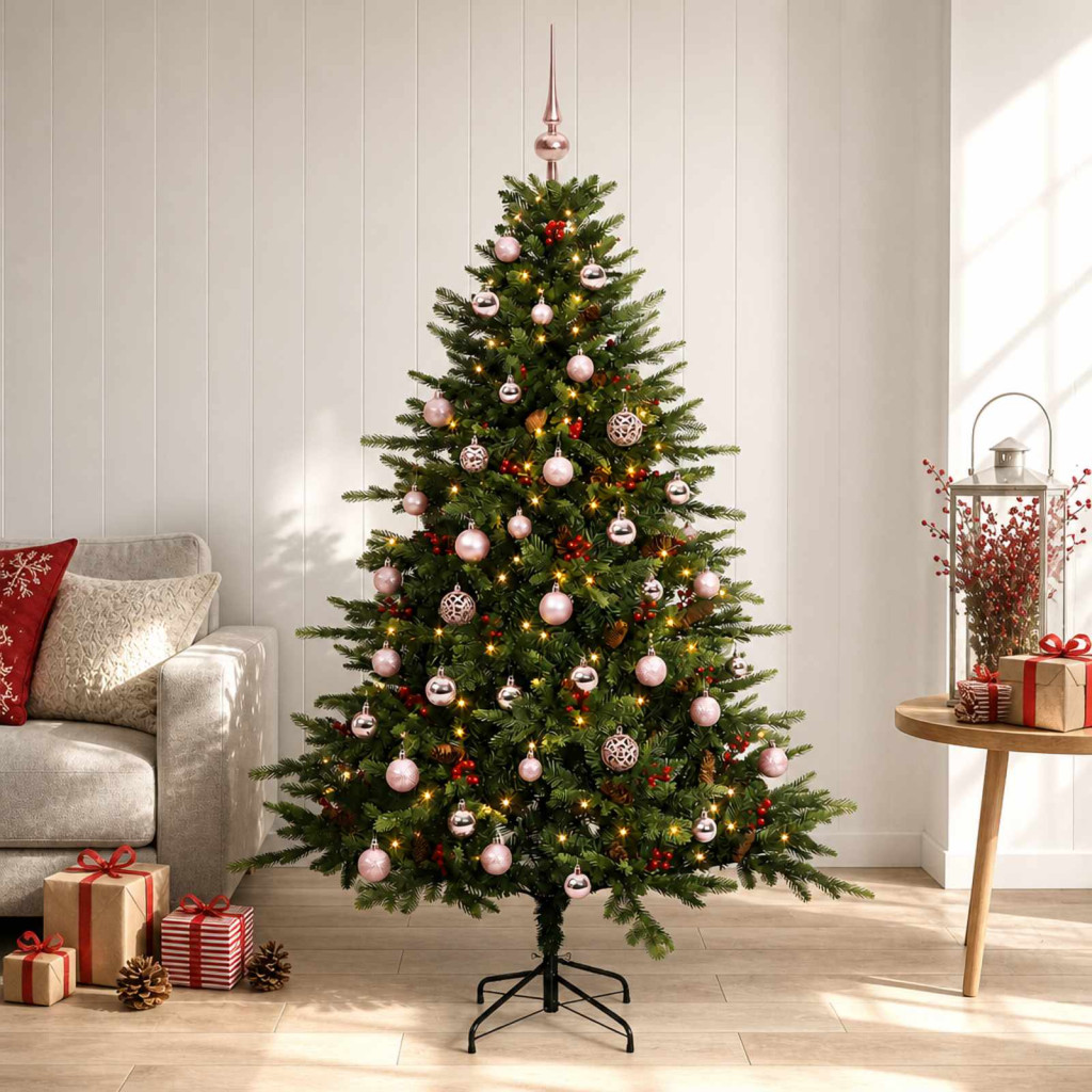 Műkarácsonyfa gömbbel 120 cm 150 LED Meleg fehér PVC és fém