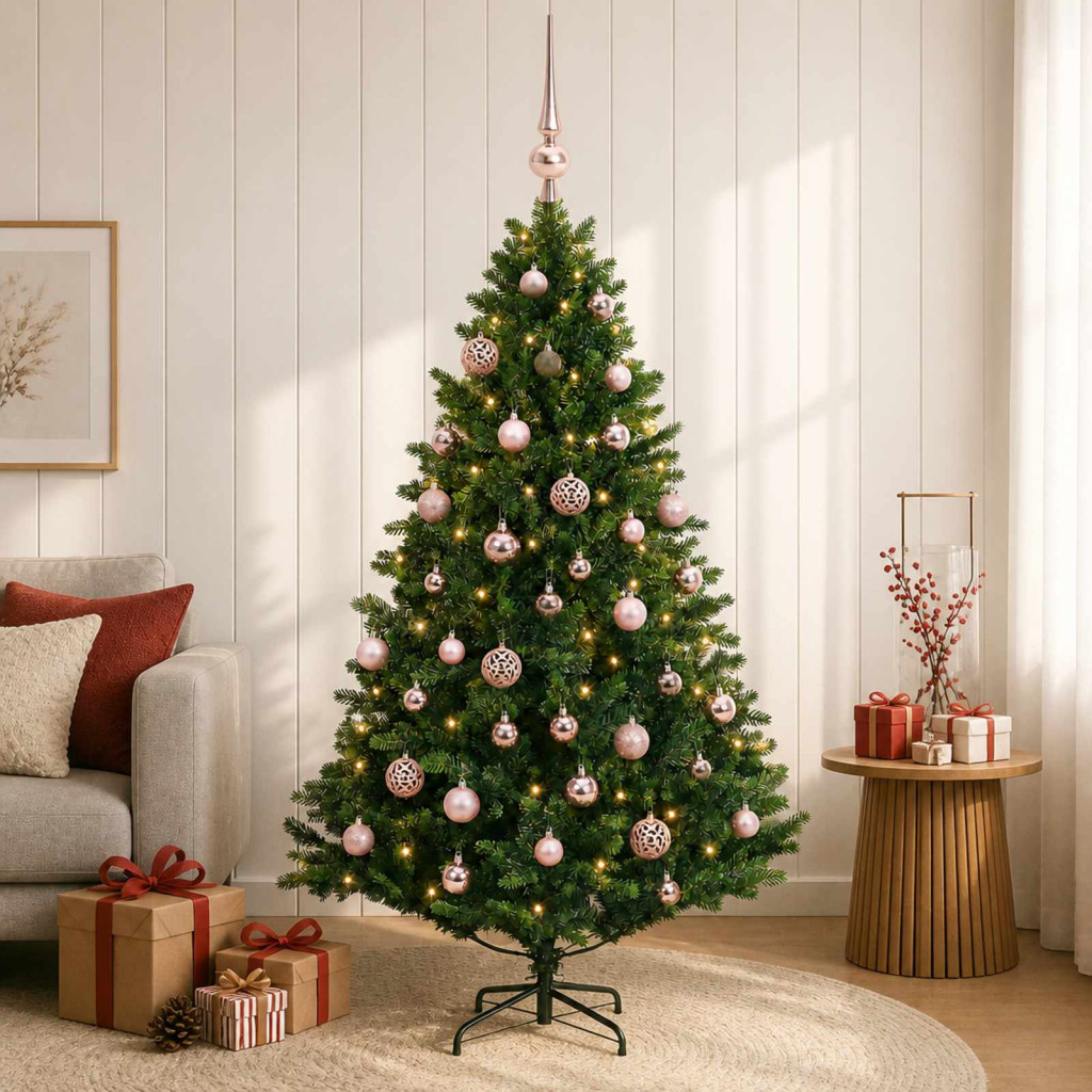 Műkarácsonyfa gömbbel 120 cm 150 LED Meleg fehér PVC és fém