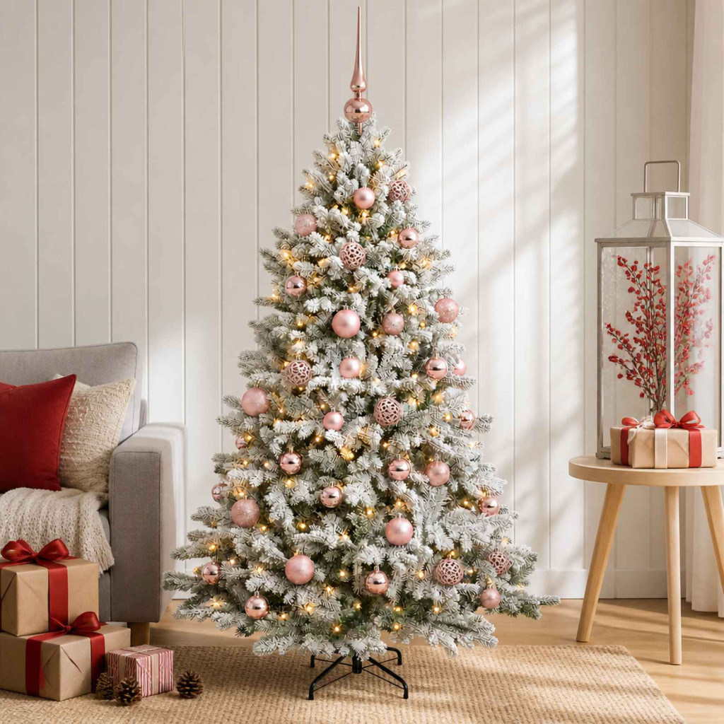 Műkarácsonyfa gömbbel 150 cm 150 LED Meleg fehér PVC és fém