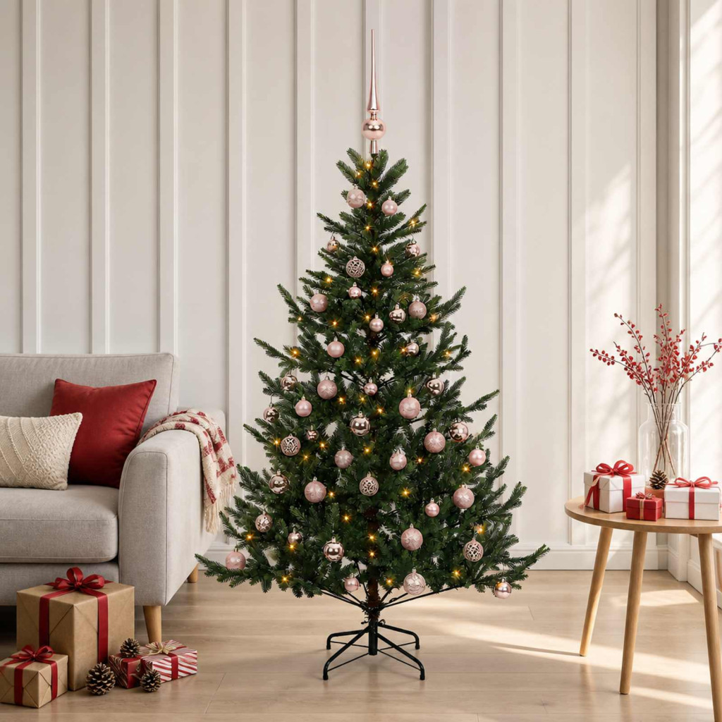 Műkarácsonyfa gömbbel 150 cm 150 LED Meleg fehér PVC és fém