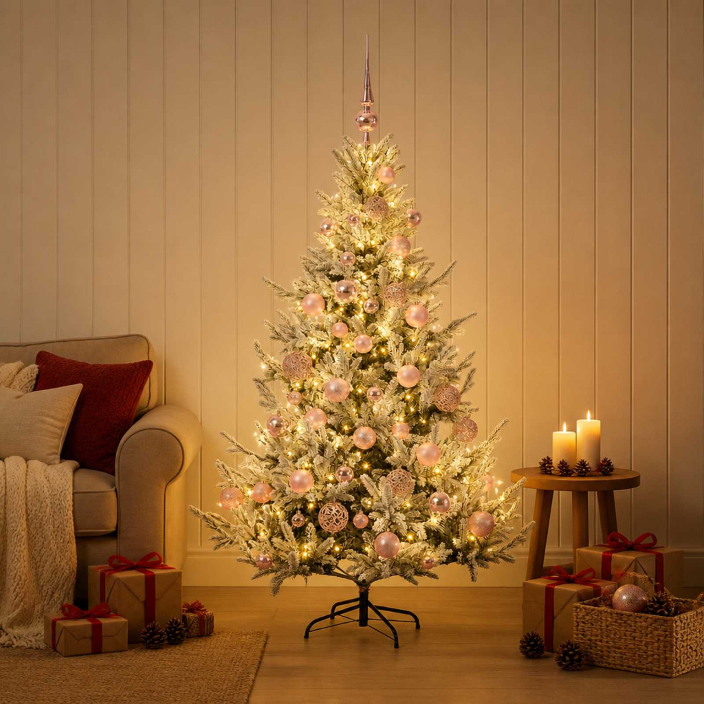 Műkarácsonyfa gömbbel 150 cm 150 LED Meleg fehér PVC és fém