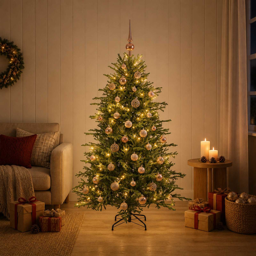 Műkarácsonyfa gömbbel 150 cm 150 LED Meleg fehér PVC és fém