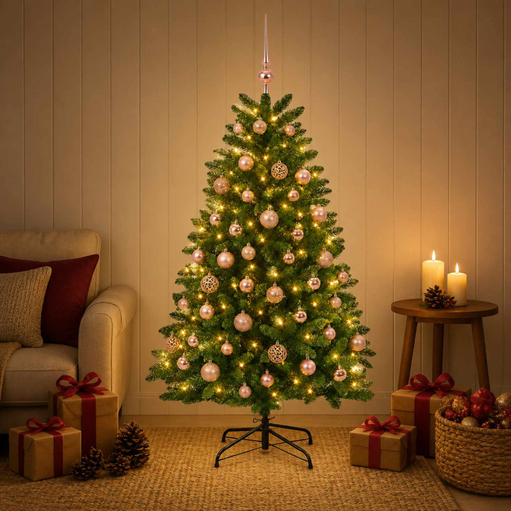 Műkarácsonyfa középzöld gömbökkel 150 cm 150 LED Meleg fehér