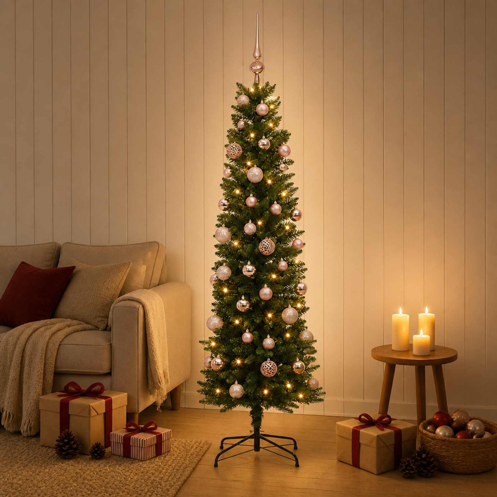 Karcsú műkarácsonyfa gömbökkel 150 cm 150 LED Meleg fehér