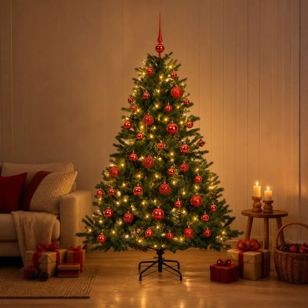 Műkarácsonyfa gömbbel 150 cm 150 LED Meleg fehér PVC és fém
