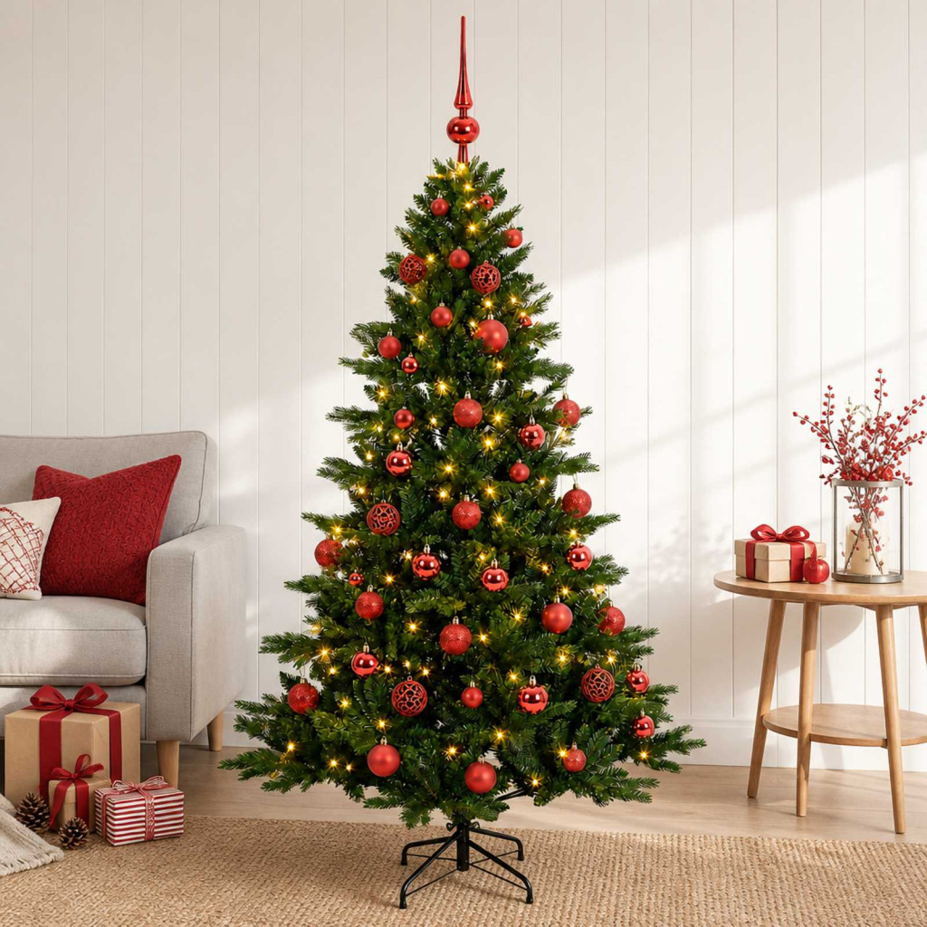 Műkarácsonyfa gömbbel 150 cm 150 LED Meleg fehér PVC és fém