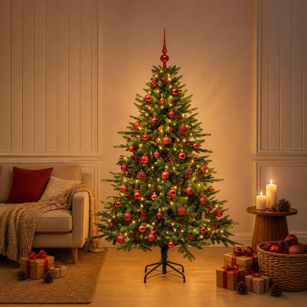 Műkarácsonyfa gömbbel 150 cm 150 LED Meleg fehér PVC és fém