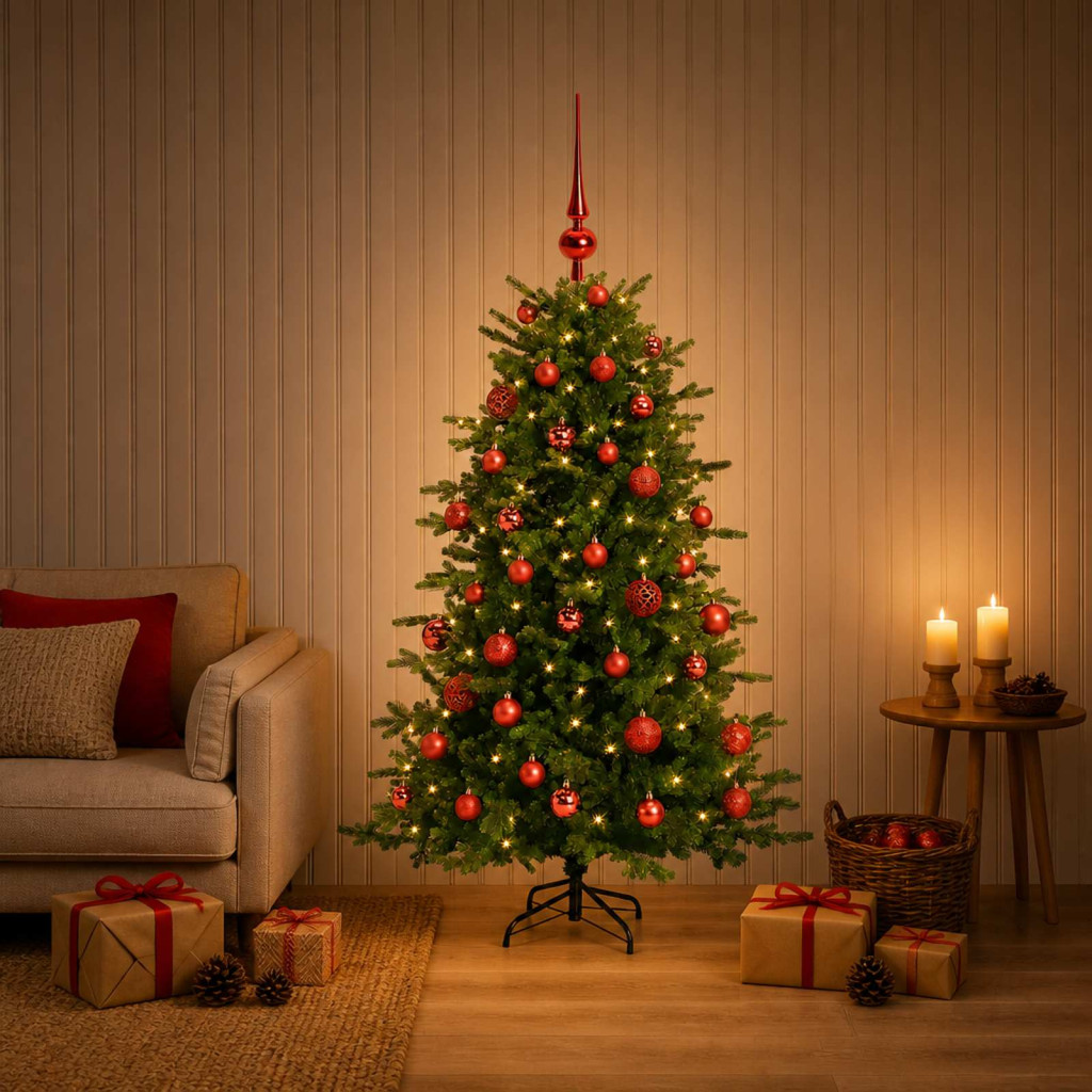 Műkarácsonyfa gömbbel 150 cm 150 LED Meleg fehér PVC és fém
