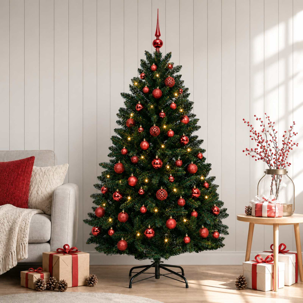 Sötétzöld műkarácsonyfa gömbökkel 150 cm 150 LED Meleg fehér