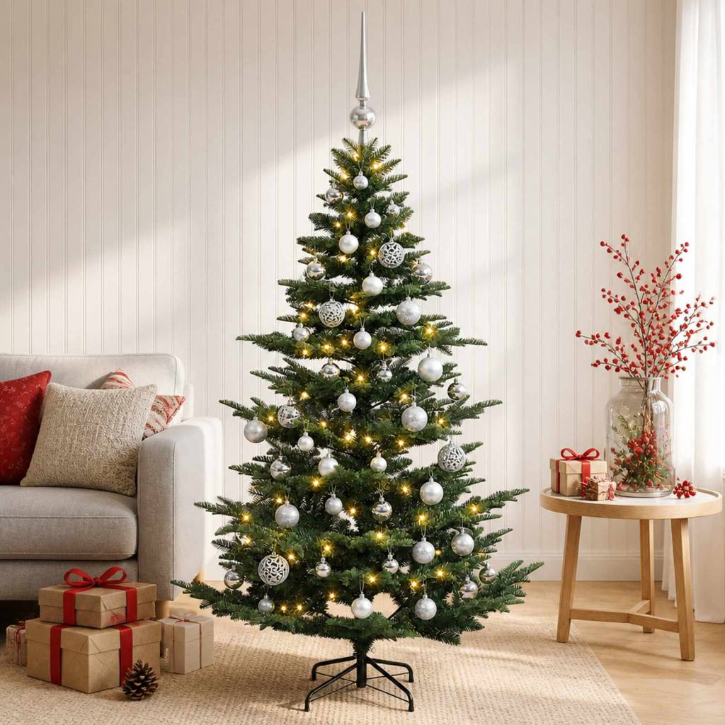 Műkarácsonyfa gömbbel 150 cm 150 LED Meleg fehér PE és PVC Zöld