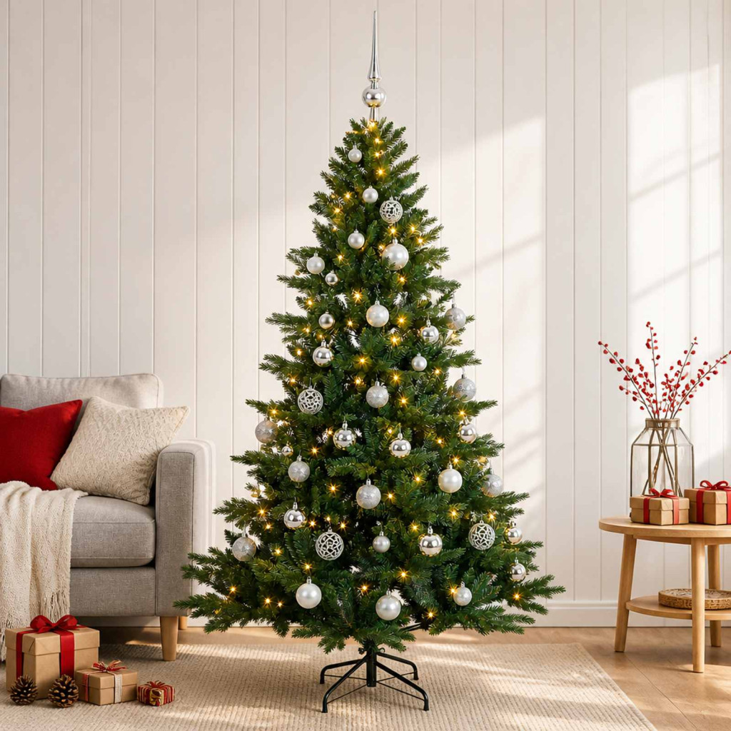 Műkarácsonyfa gömbbel 150 cm 150 LED Meleg fehér PVC és fém
