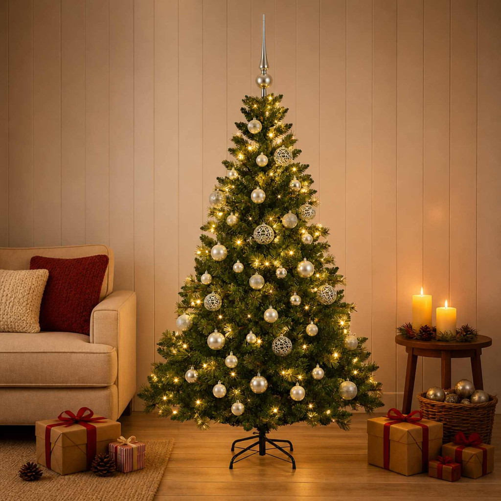 Műfenyő gömbökkel 150 cm 150 LED Meleg fehér PVC és fém Zöld