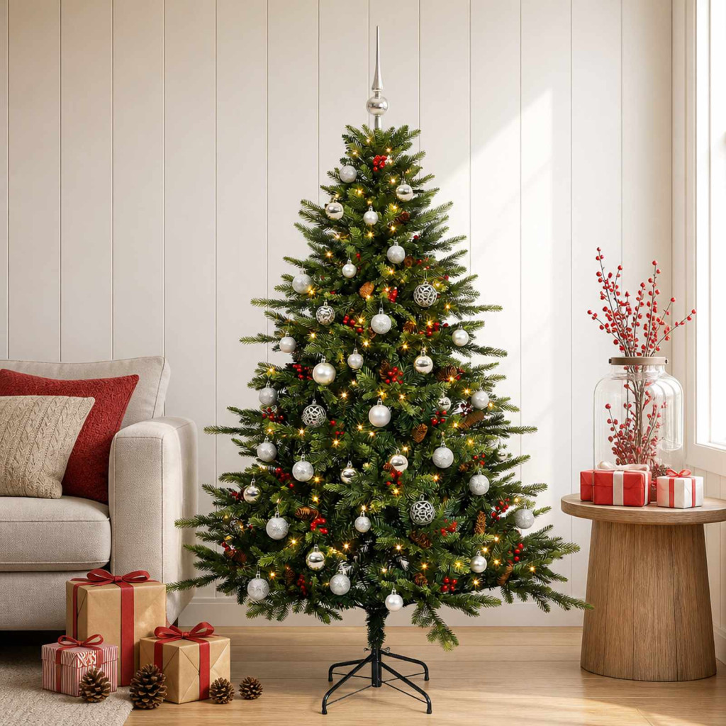 Műkarácsonyfa gömbbel 120 cm 150 LED Meleg fehér PVC és fém