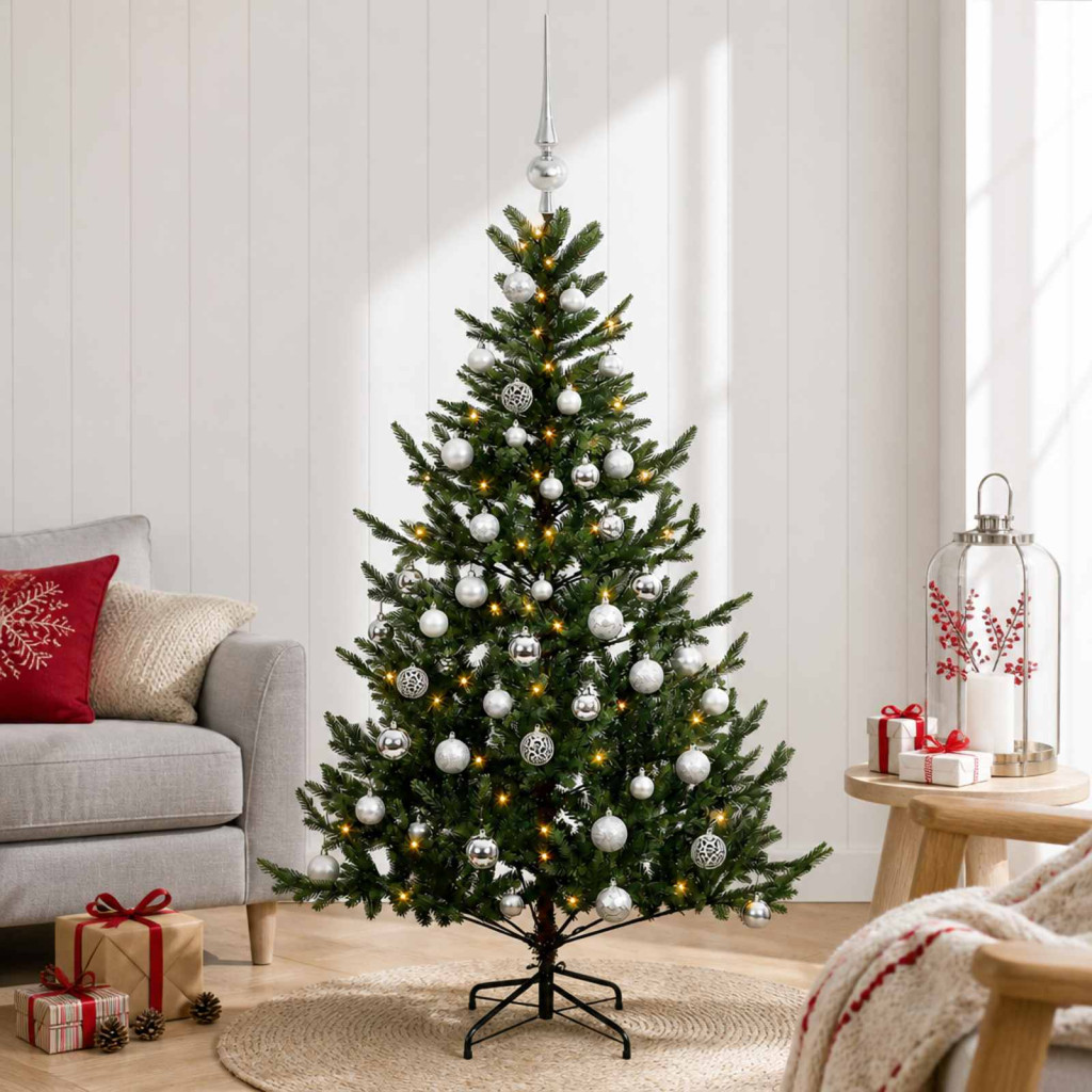 Műkarácsonyfa gömbbel 150 cm 150 LED Meleg fehér PVC és fém