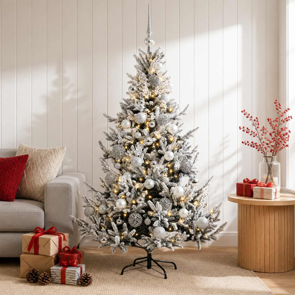 Műkarácsonyfa gömbbel 120 cm 150 LED Meleg fehér PVC és fém