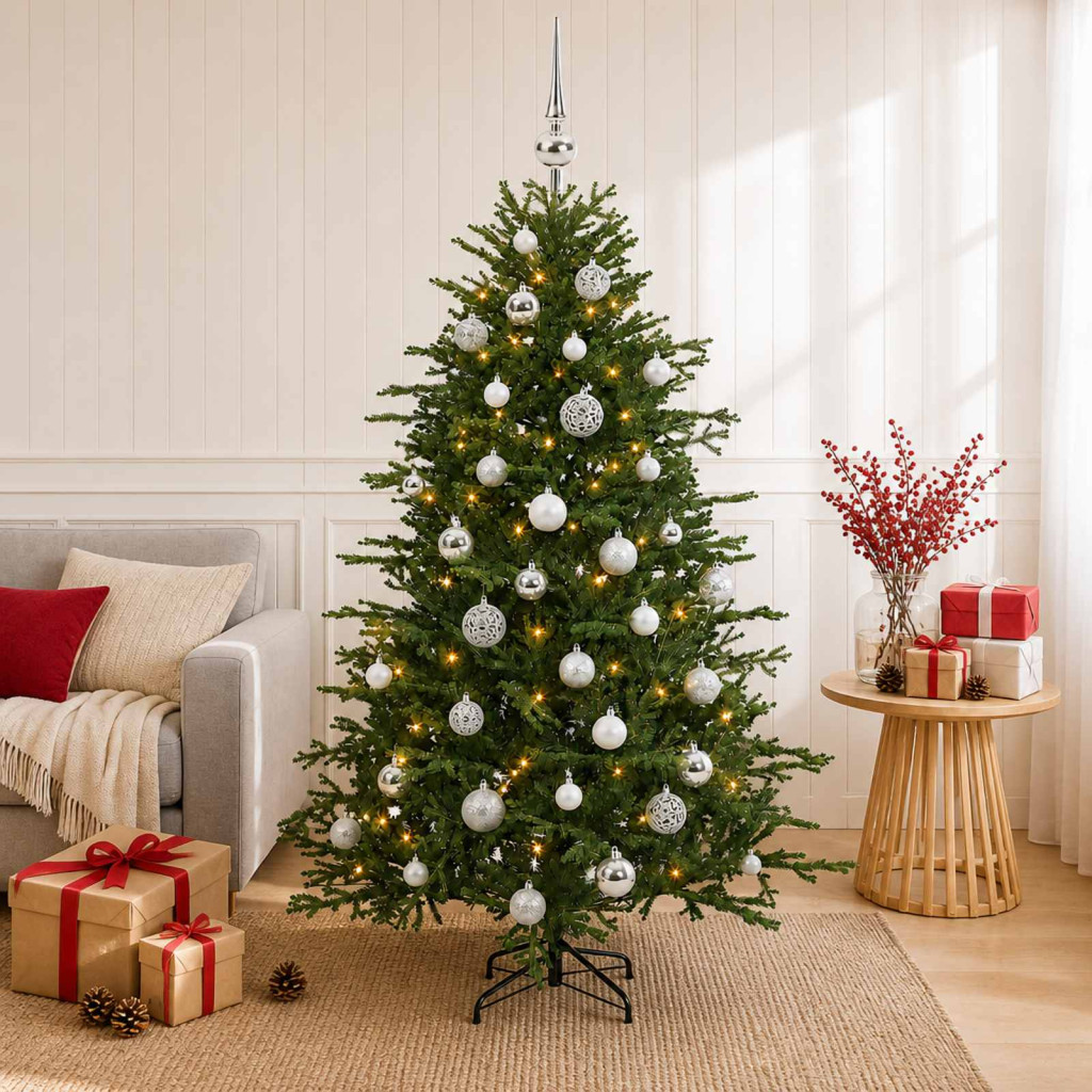 Műkarácsonyfa gömbbel 150 cm 150 LED Meleg fehér PVC és fém