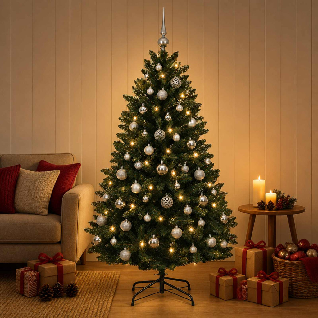 Sötétzöld műkarácsonyfa gömbökkel 150 cm 150 LED Meleg fehér