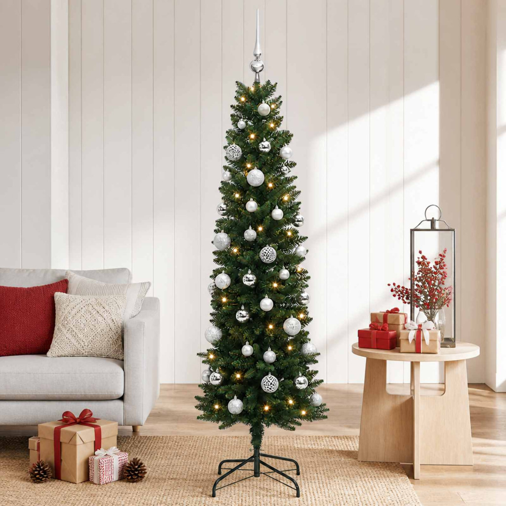 Karcsú műkarácsonyfa gömbökkel 150 cm 150 LED Meleg fehér