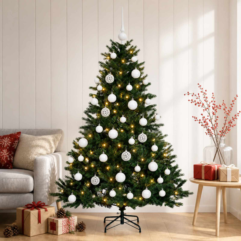 Műkarácsonyfa gömbbel 150 cm 150 LED Meleg fehér PVC és fém