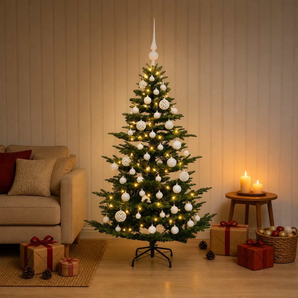 Műkarácsonyfa gömbbel 150 cm 150 LED Meleg fehér PE és PVC Zöld