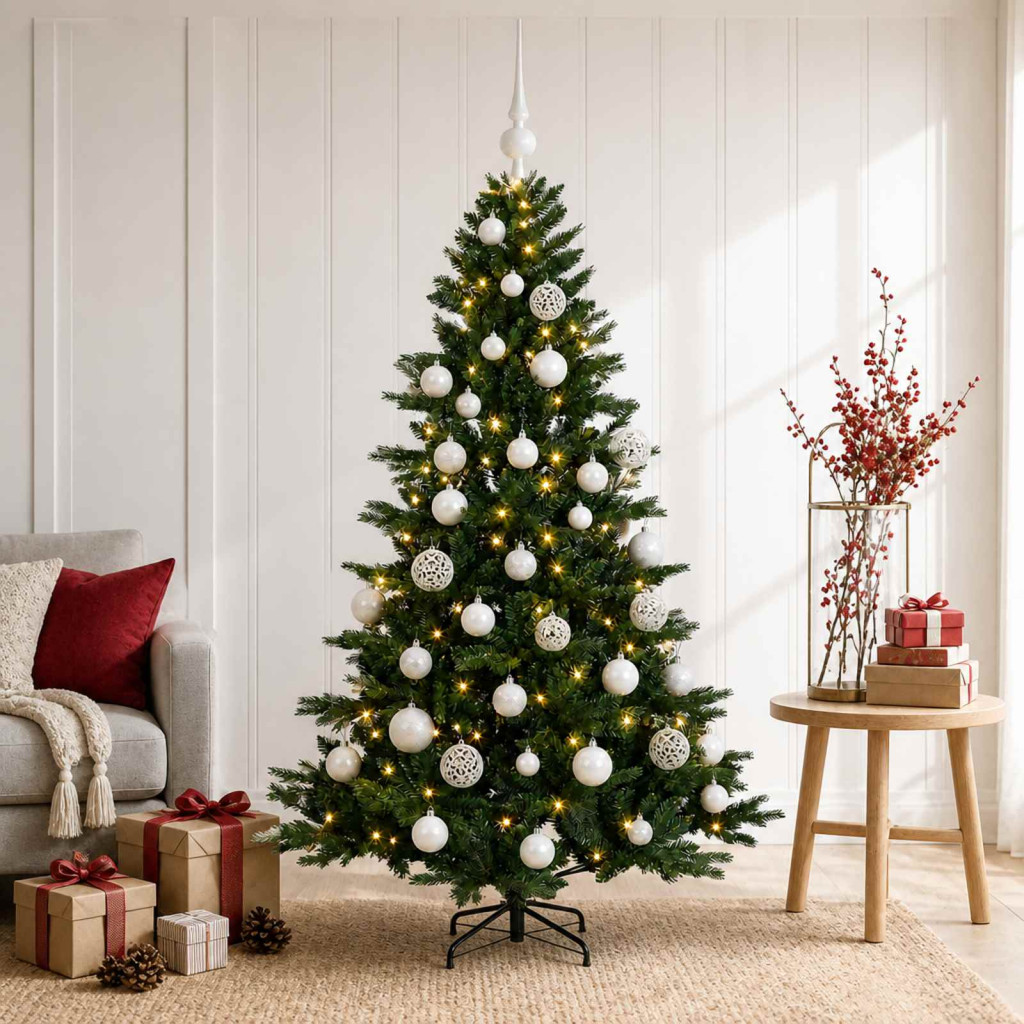 Műkarácsonyfa gömbbel 150 cm 150 LED Meleg fehér PVC és fém