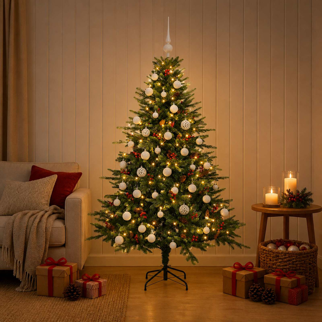 Műkarácsonyfa gömbbel 150 cm 150 LED Meleg fehér PVC és fém