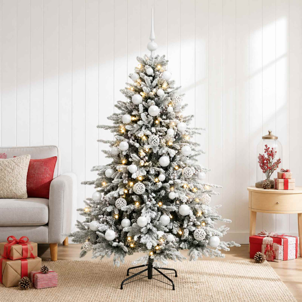 Műkarácsonyfa gömbbel 120 cm 150 LED Meleg fehér PVC és fém
