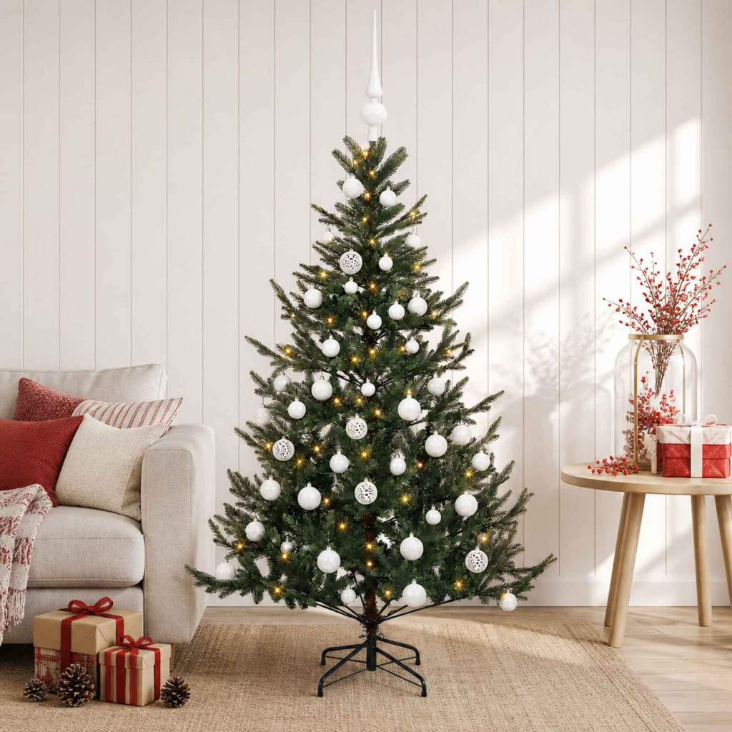 Műkarácsonyfa gömbbel 120 cm 150 LED Meleg fehér PVC és fém