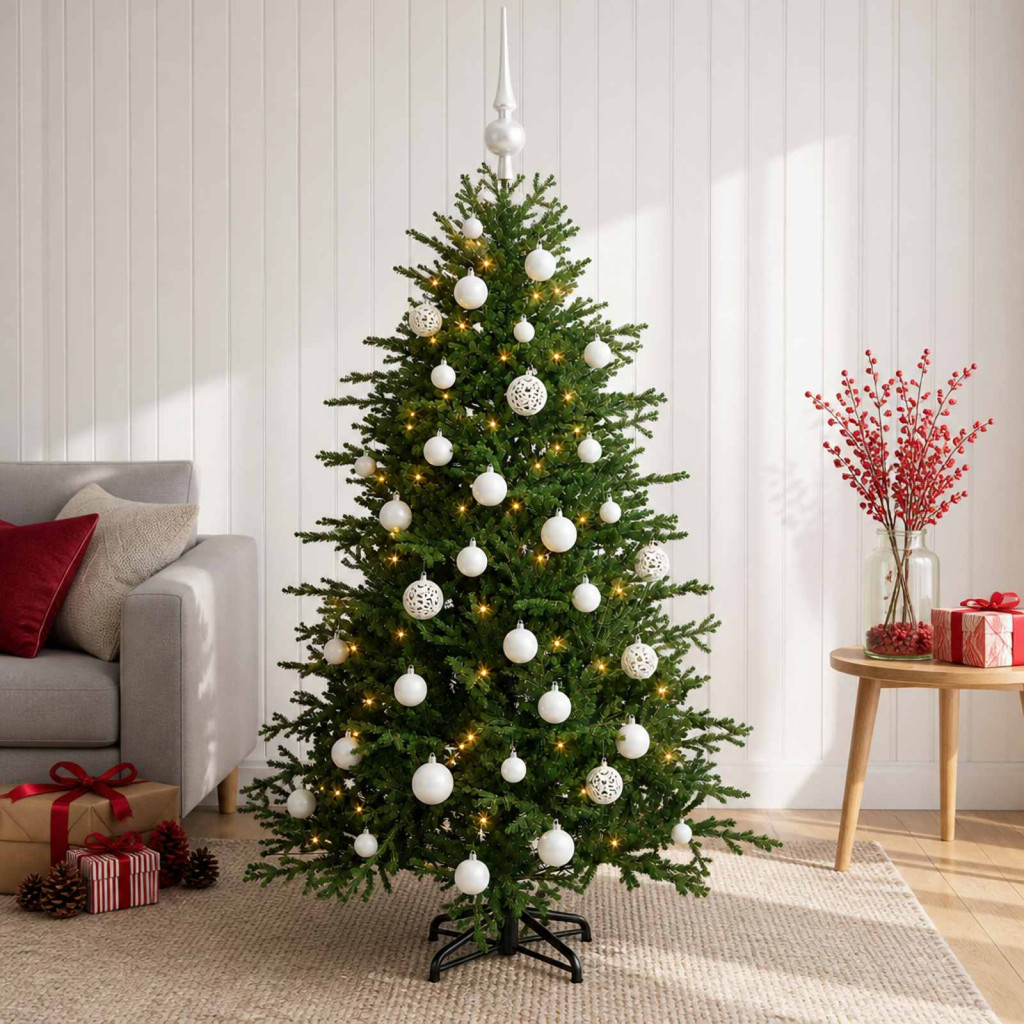 Műkarácsonyfa gömbbel 120 cm 150 LED Meleg fehér PVC és fém