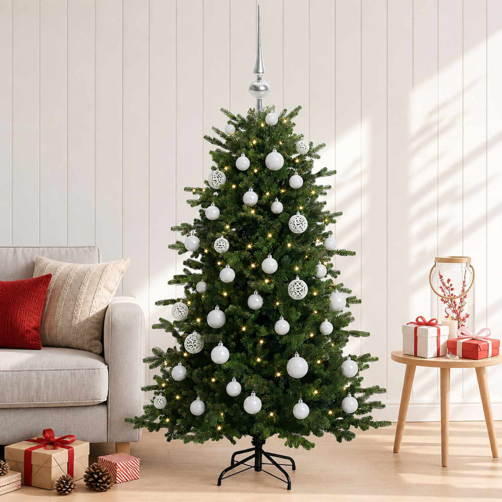Műkarácsonyfa gömbbel 150 cm 150 LED Meleg fehér PVC és fém