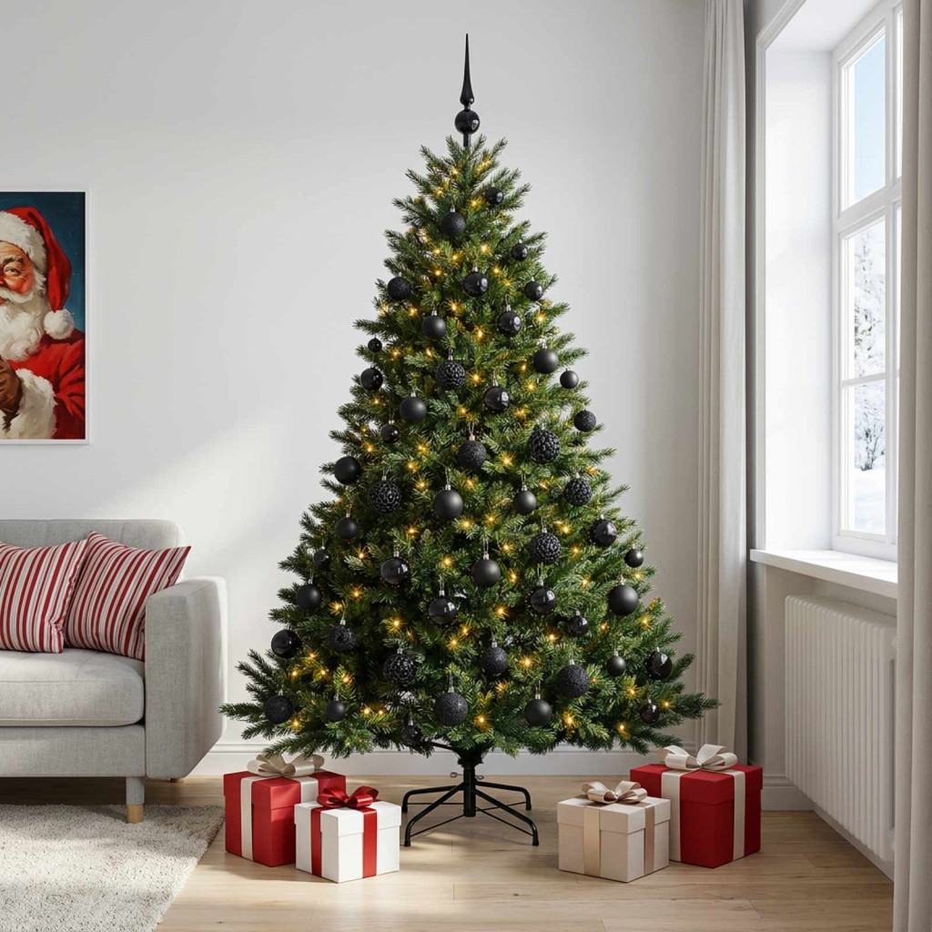 Műkarácsonyfa gömbbel 240 cm 300 LED Meleg fehér PVC és fém