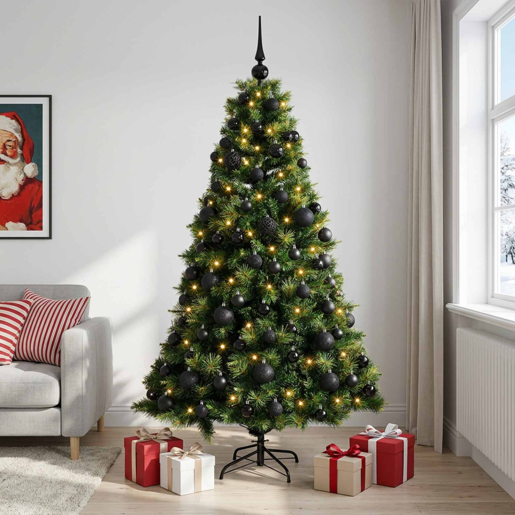 Műkarácsonyfa gömbbel 210 cm 300 LED Meleg fehér PVC és fém