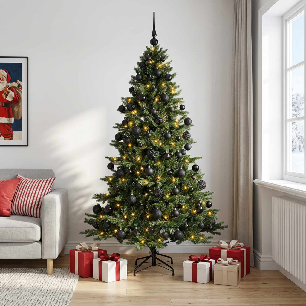 Műkarácsonyfa gömbbel 210 cm 300 LED Meleg fehér PVC és fém