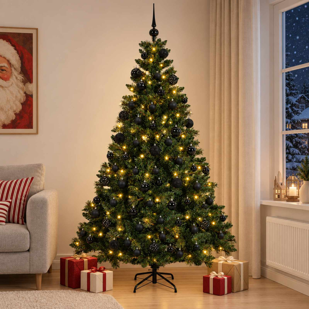 Műfenyő gömbökkel 180 cm 300 LED Meleg fehér PVC és fém Zöld