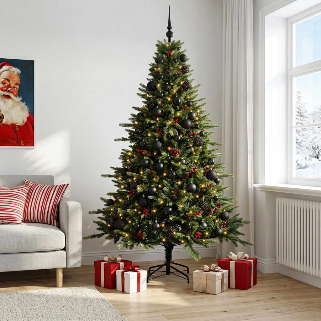 Műkarácsonyfa gömbbel 240 cm 300 LED Meleg fehér PVC és fém