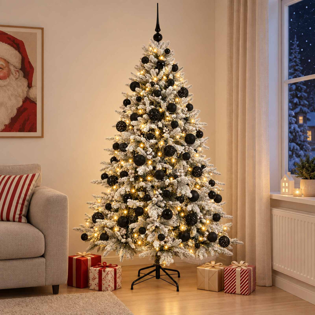 Műkarácsonyfa gömbbel 210 cm 300 LED Meleg fehér PVC és fém