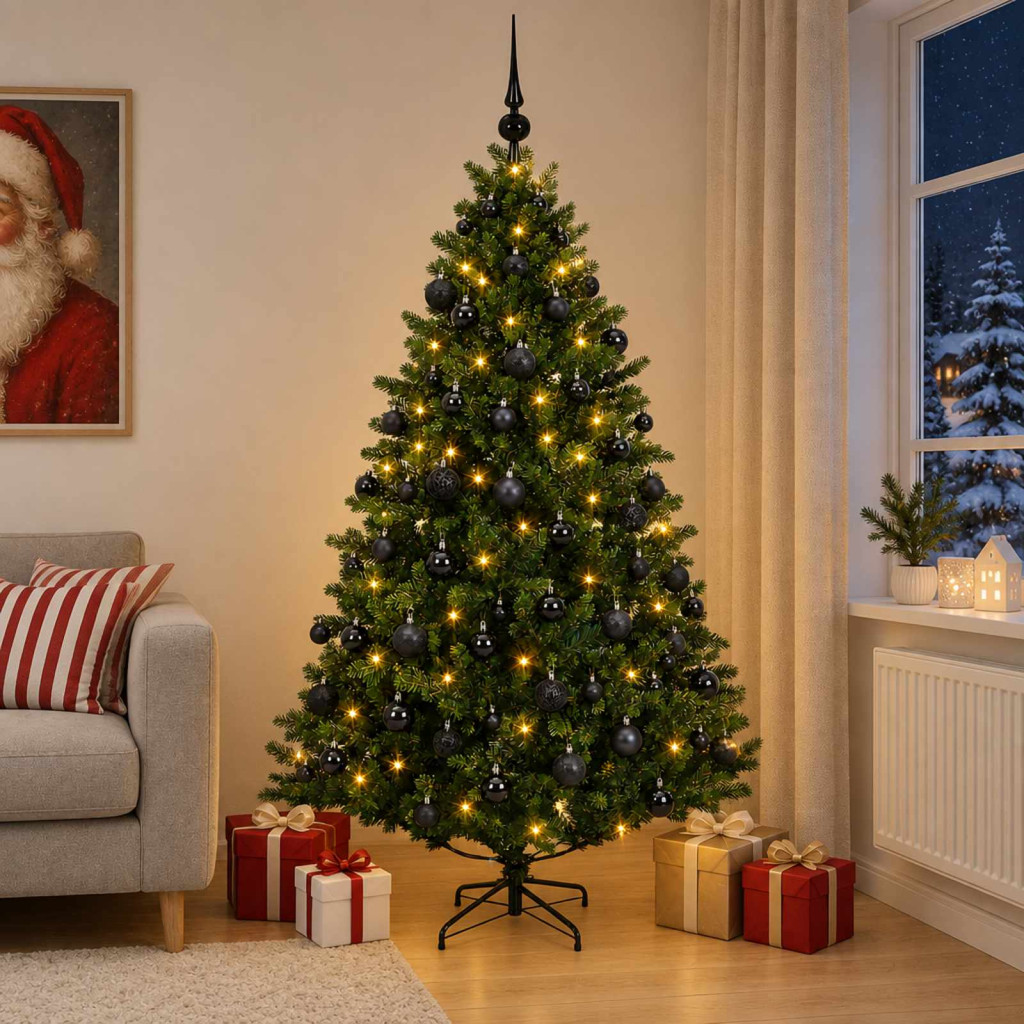Műfenyő gömbökkel 240 cm 300 LED Meleg fehér PVC és fém Zöld