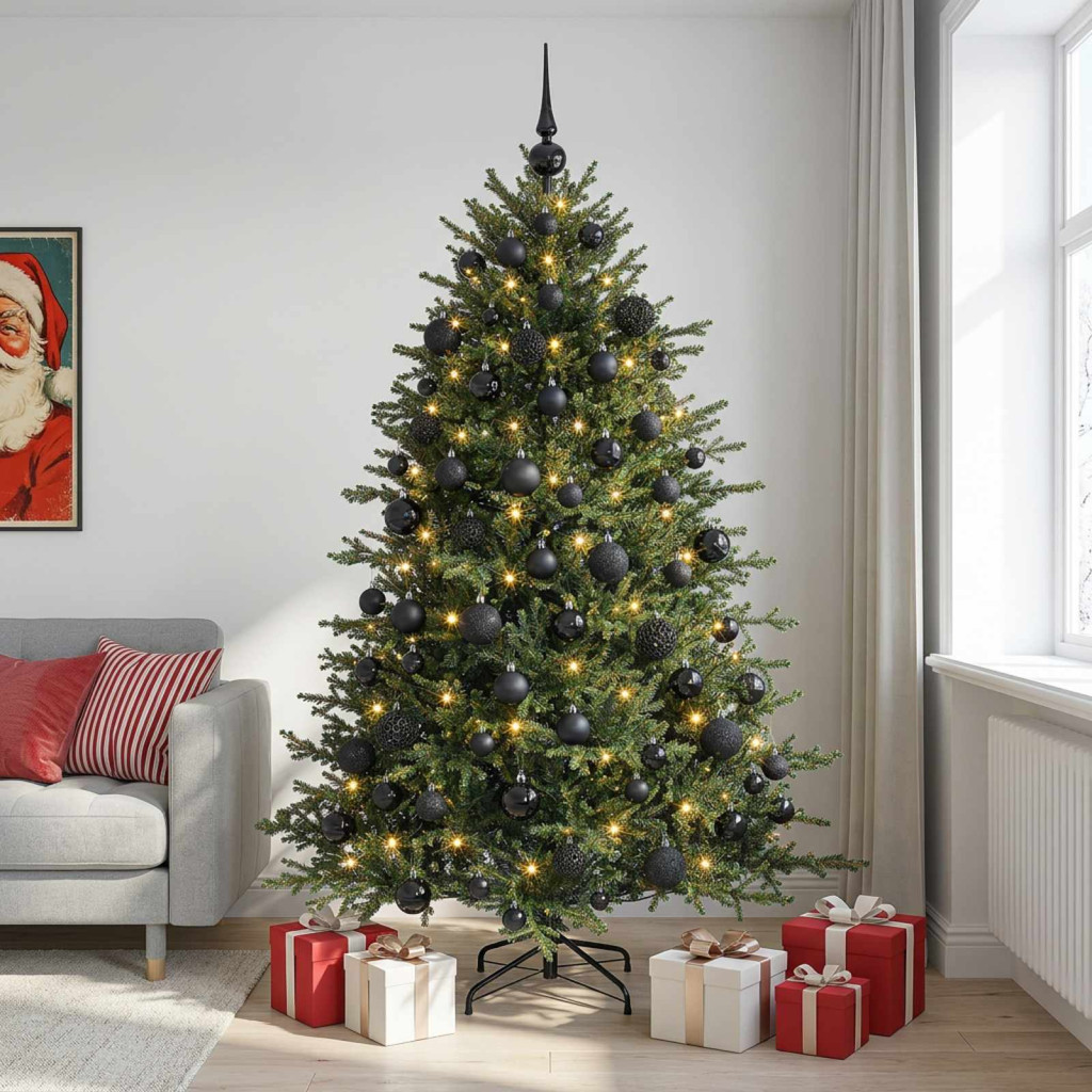 Műkarácsonyfa gömbbel 180 cm 300 LED Meleg fehér PVC és fém