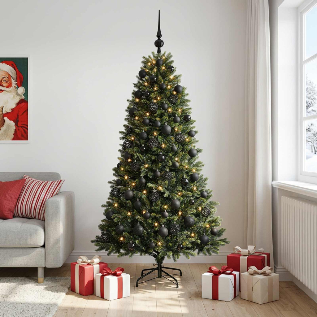 Műfenyő gömbökkel 240 cm 300 LED Meleg fehér PVC és fém Zöld