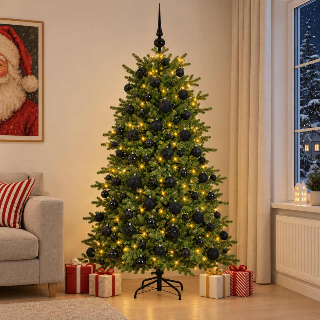 Műkarácsonyfa gömbbel 240 cm 300 LED Meleg fehér PVC és fém