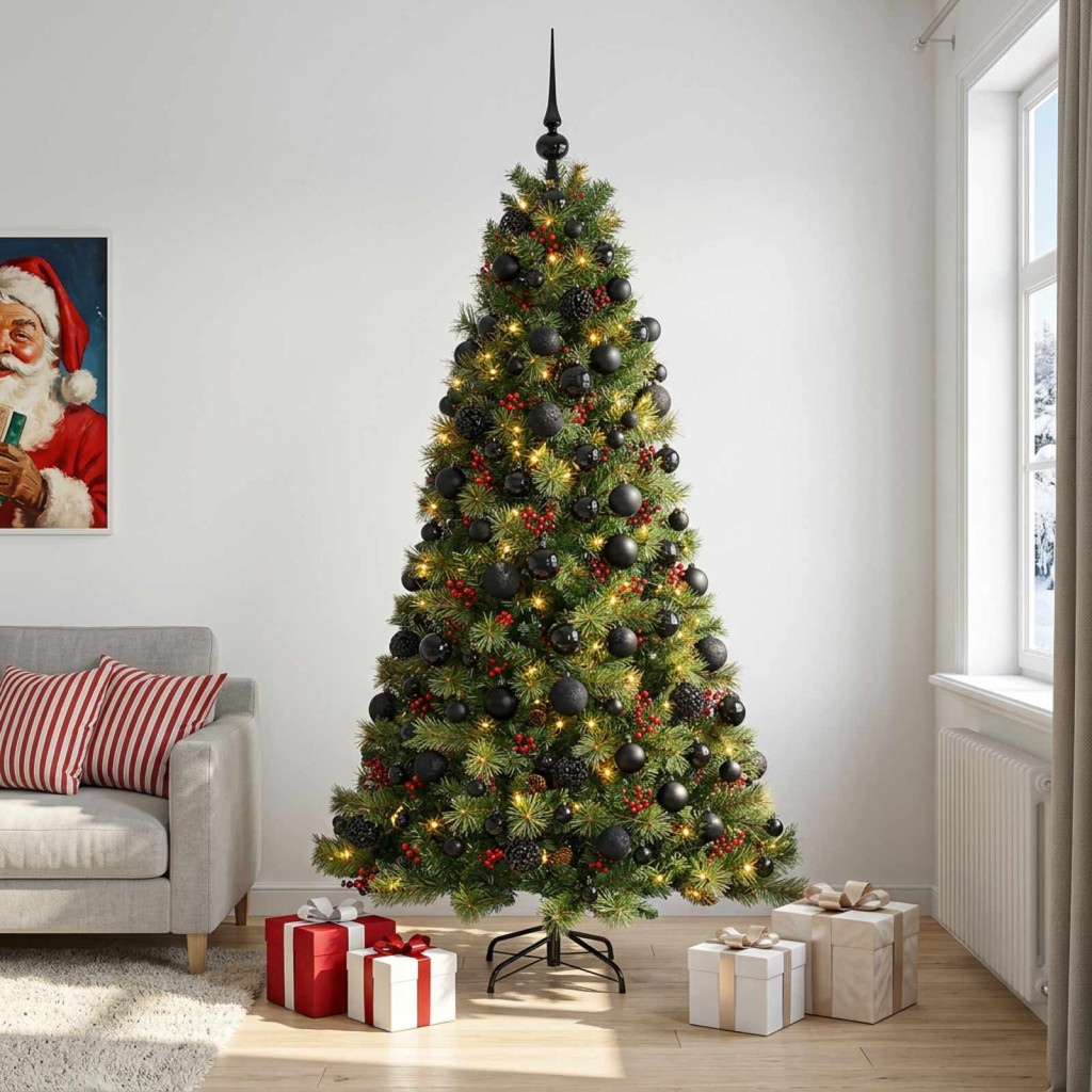 Műkarácsonyfa gömbbel 180 cm 300 LED Meleg fehér PVC és fém