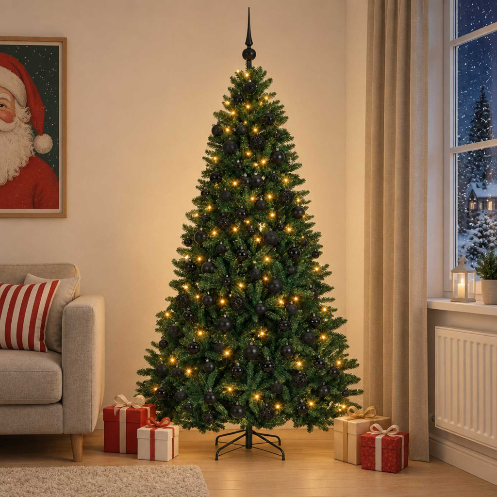 Sötétzöld műkarácsonyfa gömbökkel 240 cm 300 LED Meleg fehér