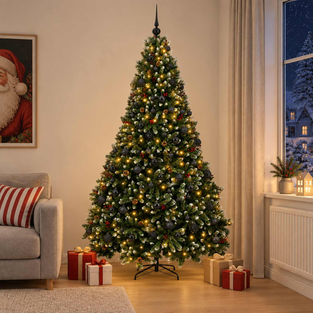 Műkarácsonyfa gömbdíszekkel, 138 × 210 cm, zöld, deres csúcsokkal, 300 LED, meleg fehér