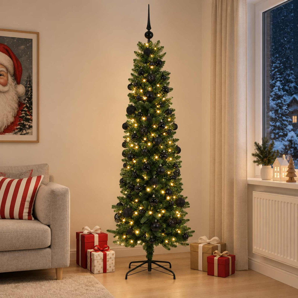 Karcsú műkarácsonyfa gömbökkel 210 cm 300 LED Meleg fehér