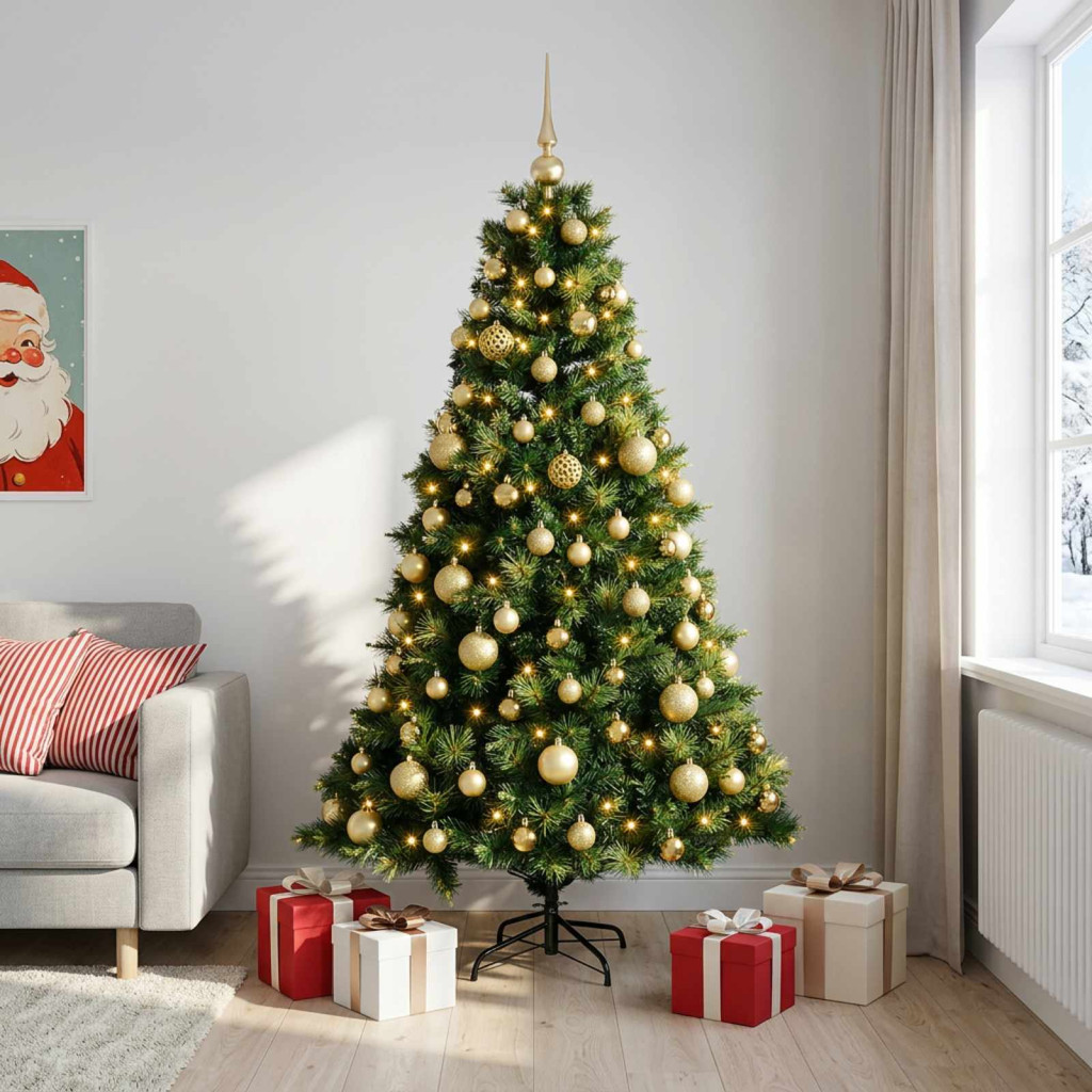 Műkarácsonyfa gömbdíszekkel, 113 × 180 cm, zöld, 300 LED, meleg fehér fény