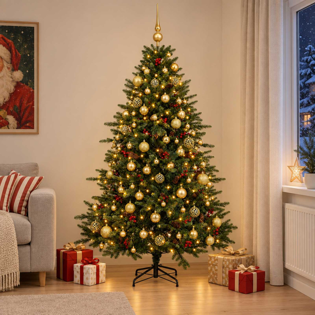 Műkarácsonyfa gömbdíszekkel, 135 × 210 cm, zöld, 300 LED, meleg fehér fény