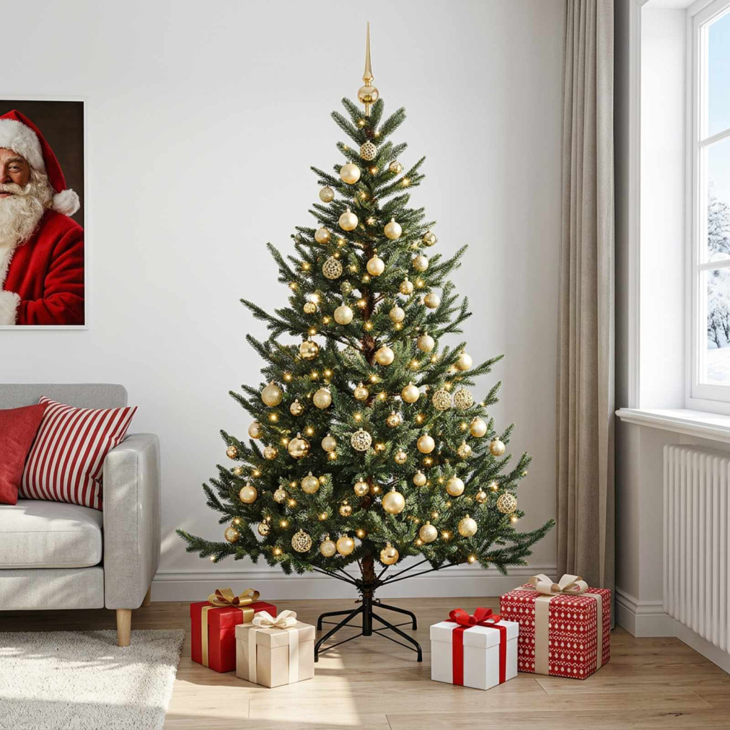 Műkarácsonyfa gömbdíszekkel, 135 × 210 cm, zöld, 300 LED, meleg fehér fény