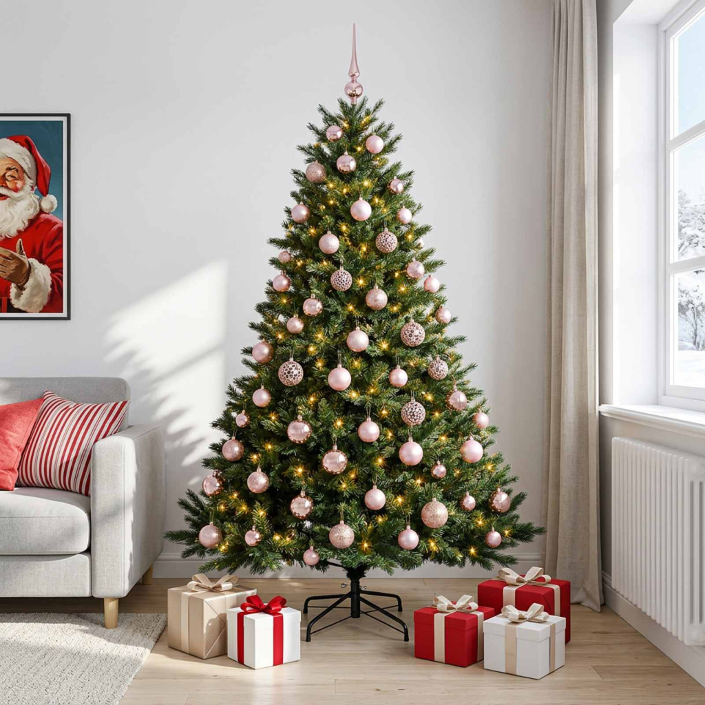 Műkarácsonyfa gömbbel 210 cm 300 LED Meleg fehér PVC és fém